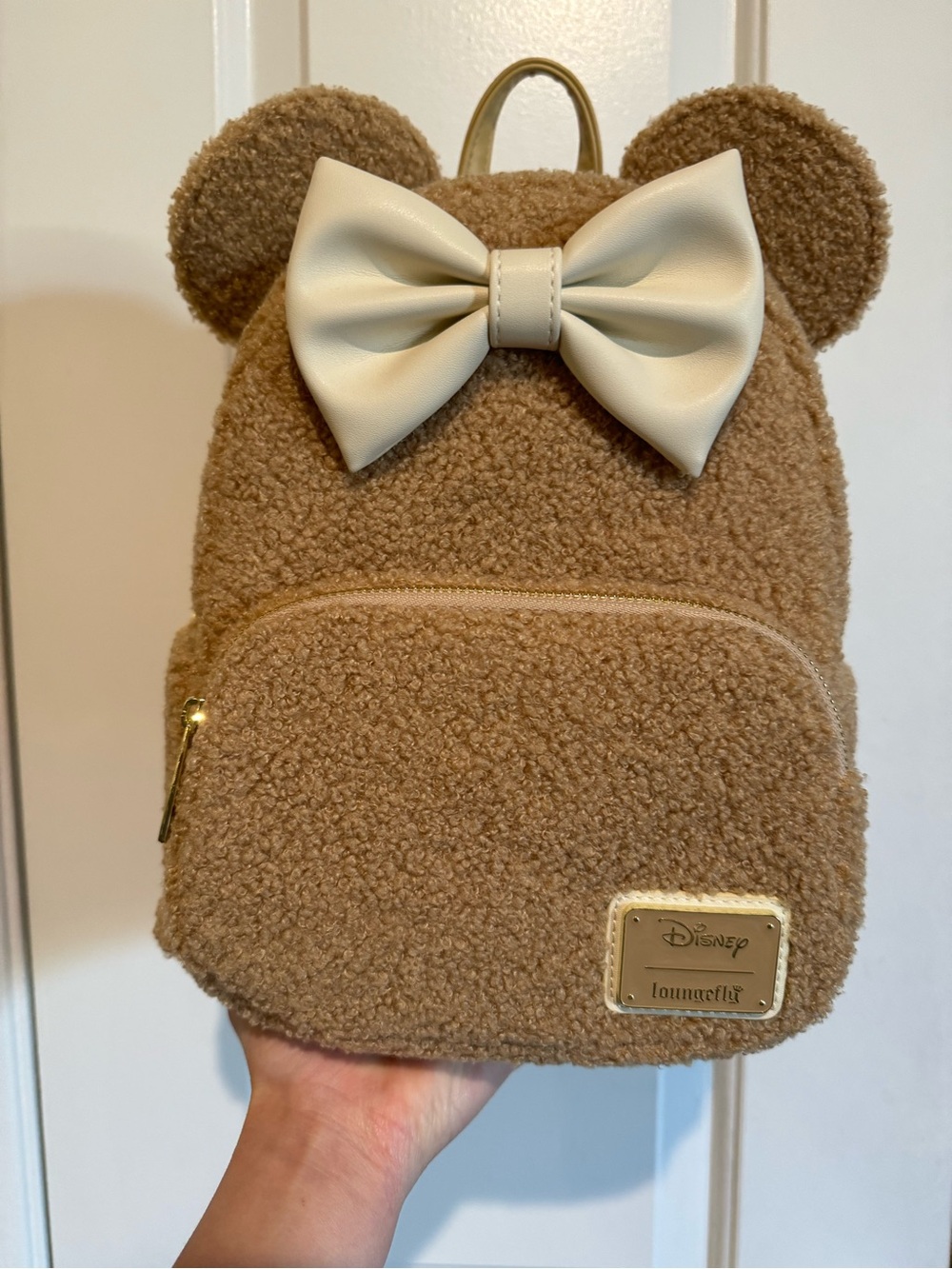 Disney Loungefly Teddy Sherpa Mini Backpack in Brown with Cream Bow